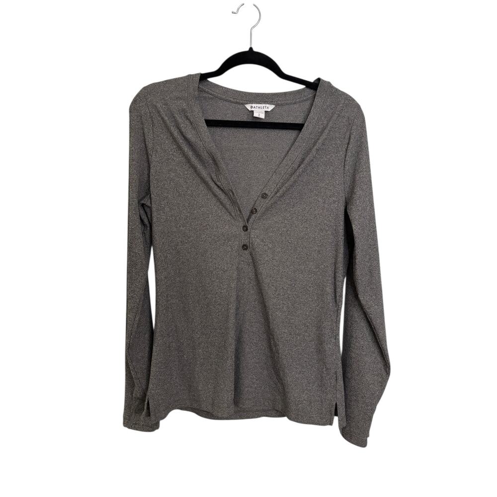Athleta Henley Top Womens Large Uptempo Gray Ribbed Long Sleeve Thumbholes